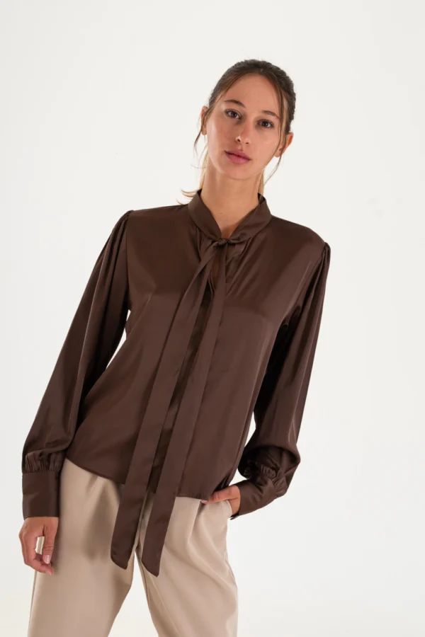 Camisa satinada con cuello redondo y lazo (16506)