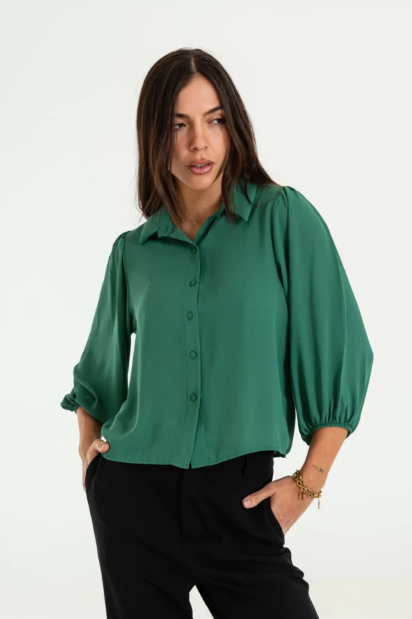 Camisa de crepé manga Ballón 3/4, elástico en puño (16537)